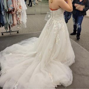 Lace up corset ball gown wedding dress with floral lace + marching veil